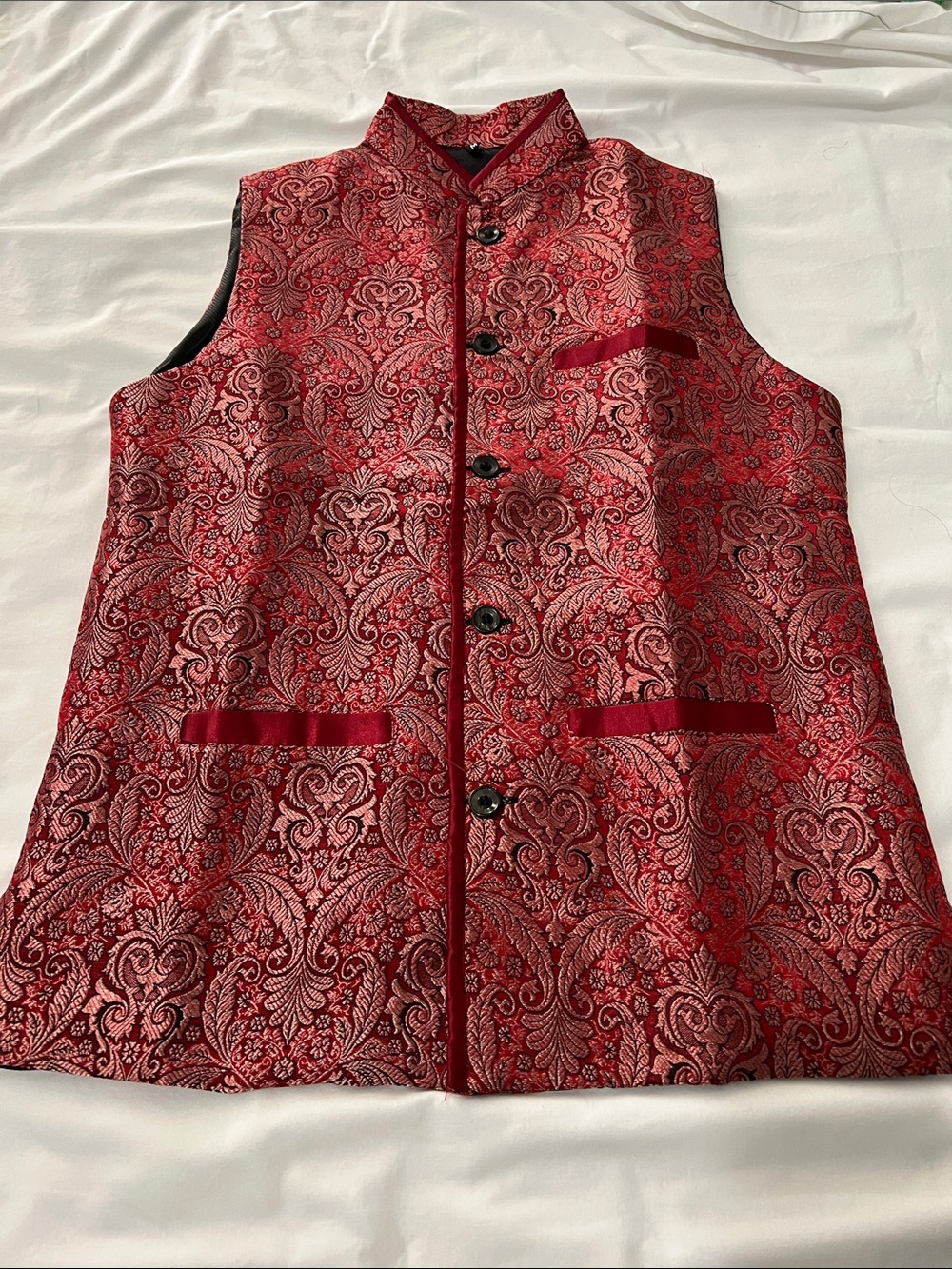 Red Brocade Nehru Vest